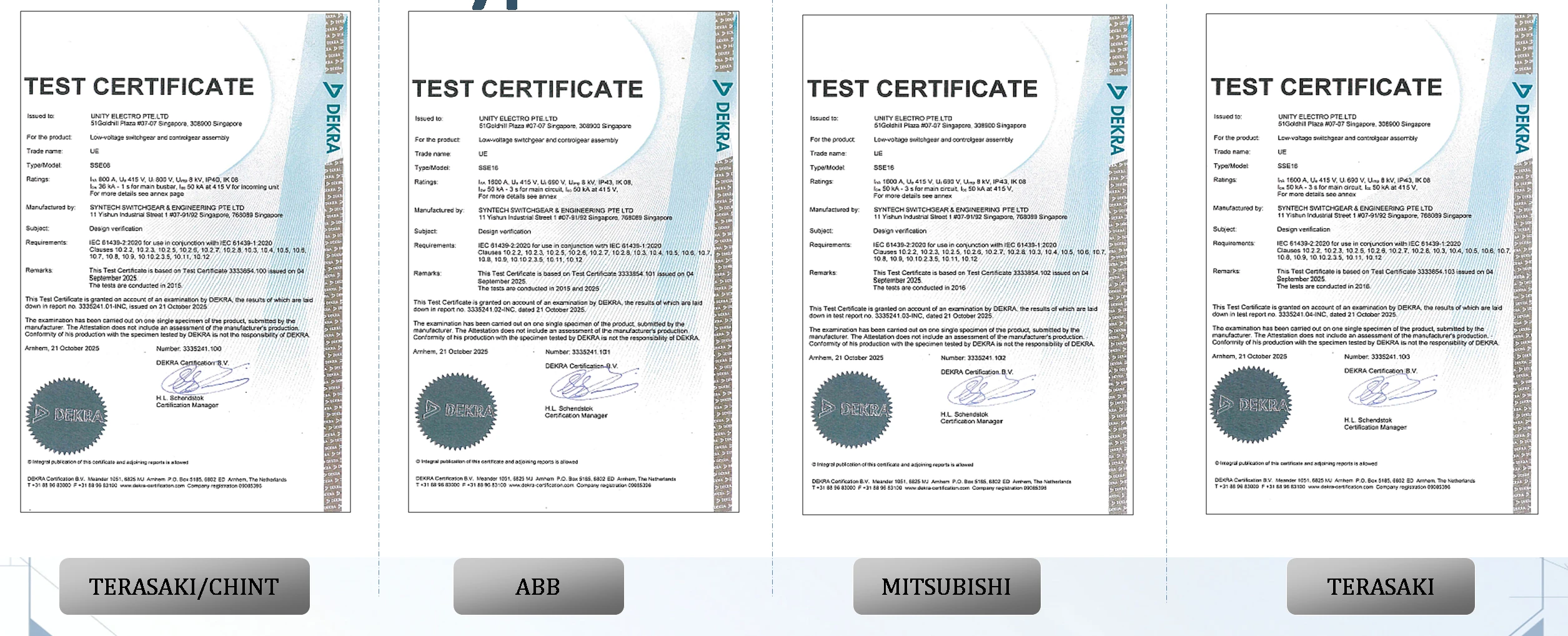 Unity Electro IEC 61439 DEKRA type test certificates — TERASAKI, ABB, MITSUBISHI, SCHNEIDER